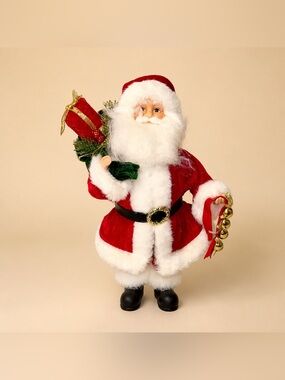 Vintage Porcelain Face and Hands Santa With Toy Bag Holding Bells Fluffy Beard